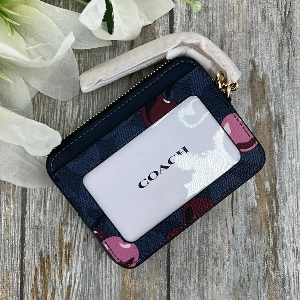 Coach Zip Card Case In Signature Canvas With Cherry Print Wallet Bag Purse